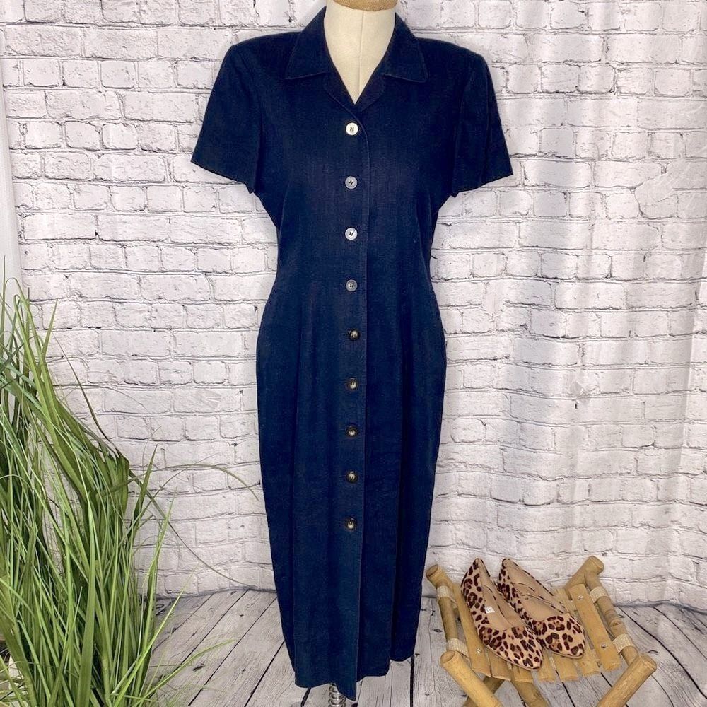 Maggy London Linen Blend Button Front Collared Midi Linen Shift Dress Navy Sz 8